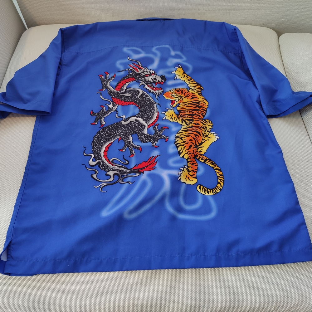 Vtg PACO Baggy Blue Shirt with Dragon and Tiger Design
